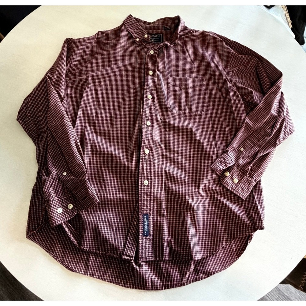 Vintage American Eagle Mens XL Burgundy Micro Check Button Down 100% Cotton
